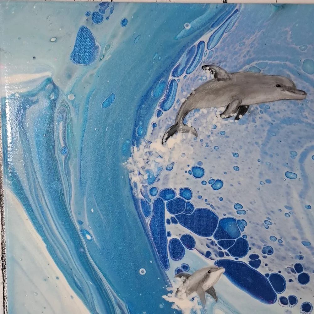 SOLD Hand Crafted Dolphins Acrylic Painting Original Fluid Wall Art Essential - Picture 5 of 9